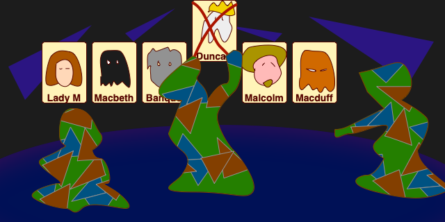 Cartoonish drawing of a gloomy cave containing three hooded figures dressed in green robes with blue and brown triangles, sitting, entering at pace and crossing off cards representing the nobles in Shakespeare's play Macbeth.
