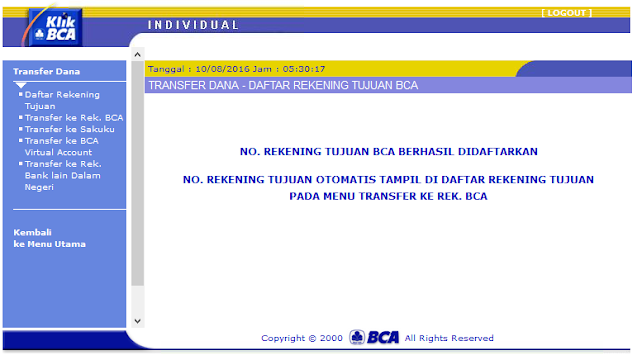 Cara Menambah Daftar Rekening Tujuan di KlikBCA / Internet Banking BCA - Halaman Rekening Tujuan BCA Berhasil Didaftarkan KlikBCA