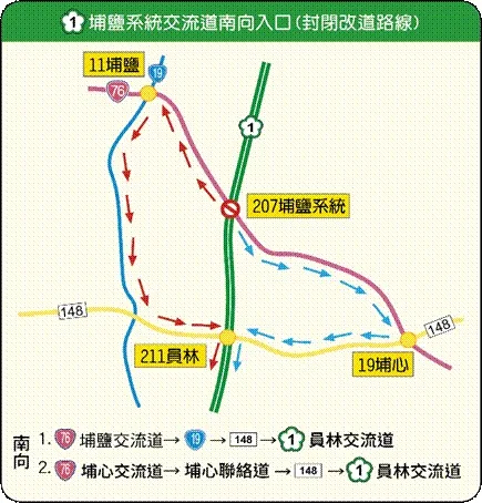 ▲埔鹽系統交流道南向入口(封閉改道路線)。（圖／彰化縣警察局提供）