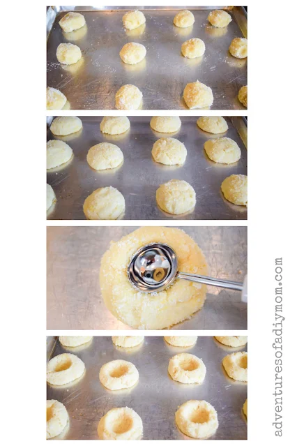collage of images depicting baking cookies and creating an indent for the lemon curd filling