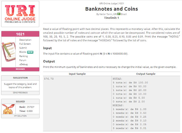 URI 1021 Banknotes and Coins Solution in C++