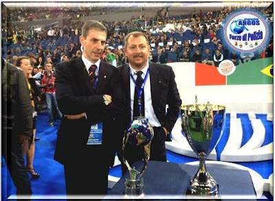 Roma. Stadio Olimpico. Premiazioni "La Partita Mundial" ARGOS Soccer TEAM Forze di Polizia Gianluca Guerrisi e Fausto Zilli