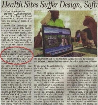 Engineers at Web-hosting company Media Temple Inc. found a glut of stray software code that served no purpose they could identify. They also said basic Web-efficiency techniques weren't used, such as saving parts of the website that change infrequently so they can be loaded more quickly. Those factors clog the website's plumbing, Media Temple said.  The identity-checking foul-ups are also triggering problems for state-run exchanges, which rely on the federal system.