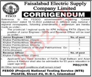 Corrigendum for jobs at Faisalabad Electric Supply Company