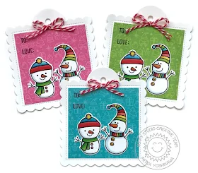 Sunny Studio: Feeling Frosty Snowman Holiday Christmas Gift Tags (using stitched Scalloped Square Tag Dies & Very Merry 6x6 Paper)