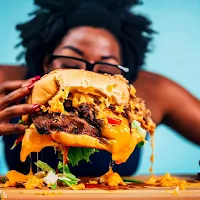 A woman attempting to eat a giant burger, resulting in a hilariously messy situation.