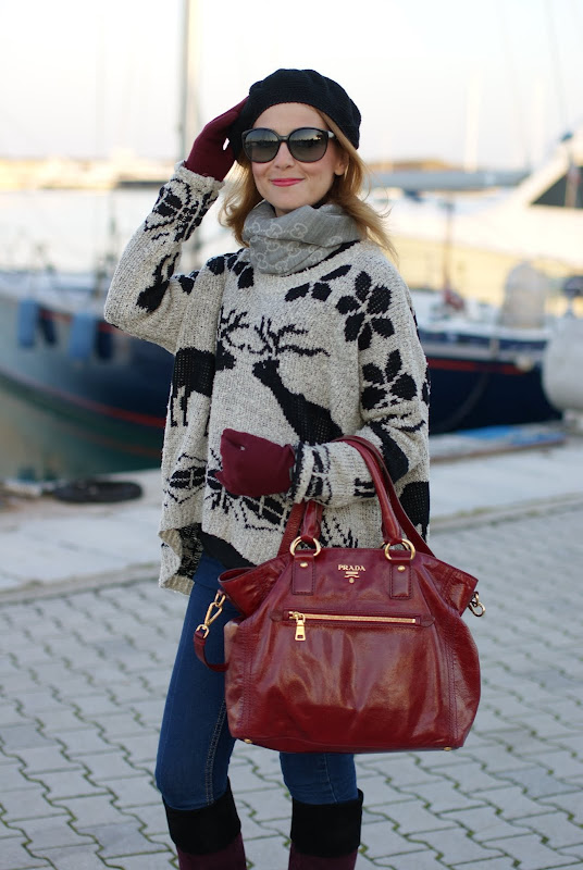 deer print sweater, Miu Miu boots, Prada bag