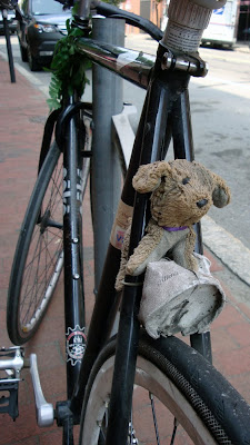 single speed bike with a teddy bear in the seat stays