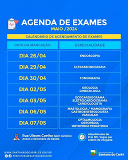 S DO CARIRI - SECRETARIA DE SAÚDE DIVULGA AGENDA DE EXAMES PARA MAIO 