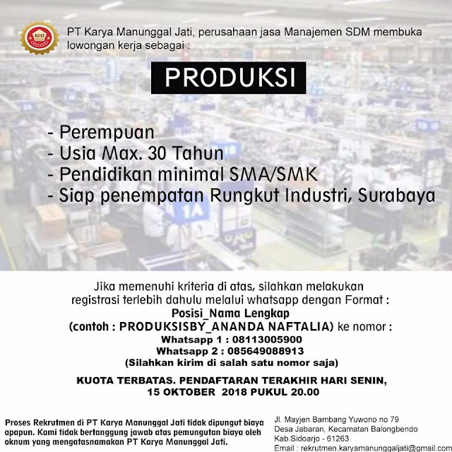 Lowongan Kerja Produksi PT Karya Manunggal Jati Surabaya