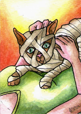 Cat Mummy Egyptian Mummified Art Trading Card Watercolor Painting