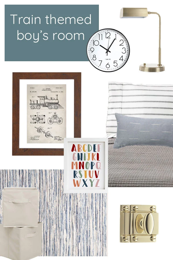 Design mood board. Train themed toddler boy's bedroom with touches of vintage and modern. Color blocked walls, blue doors, and antique furniture.