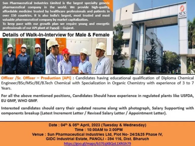 Sun Pharmaceuticals | Walk-in Interview on 4th & 5th April 2023
