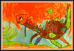 photo of: Child's Drawing of Dinosaur in Colorful Treatment Using Mixed Media