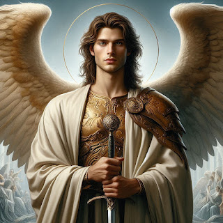 El Arcángel Raguel esta en un ambiente celestial tienen sus alas desplegadas y en sus manos empuña una espada, la cual apunta al suelo.