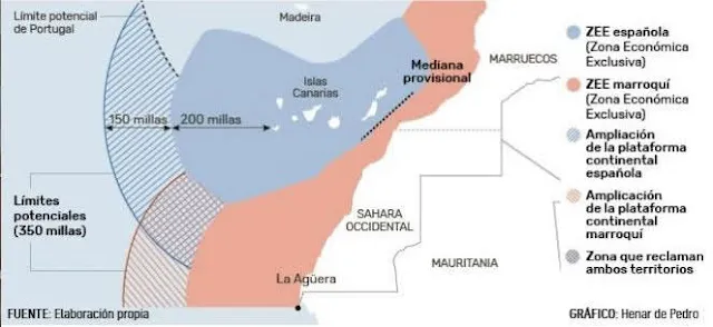 Zonas declaradas como ZEE por Marruecos en lo que considera su plataforma continental a 350 km. de sus costas y que se adentran en aguas de la Zona Económica Exclusiva de España en las Canarias.