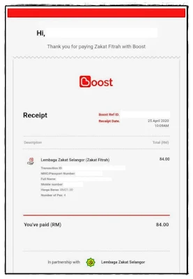 Gambar resit bayaran zakat fitrah tahun 2020 menggunakan e-wallet Boost.