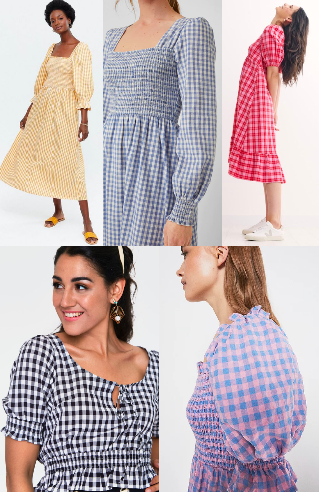 A collage of shirred gingham tops and dresses