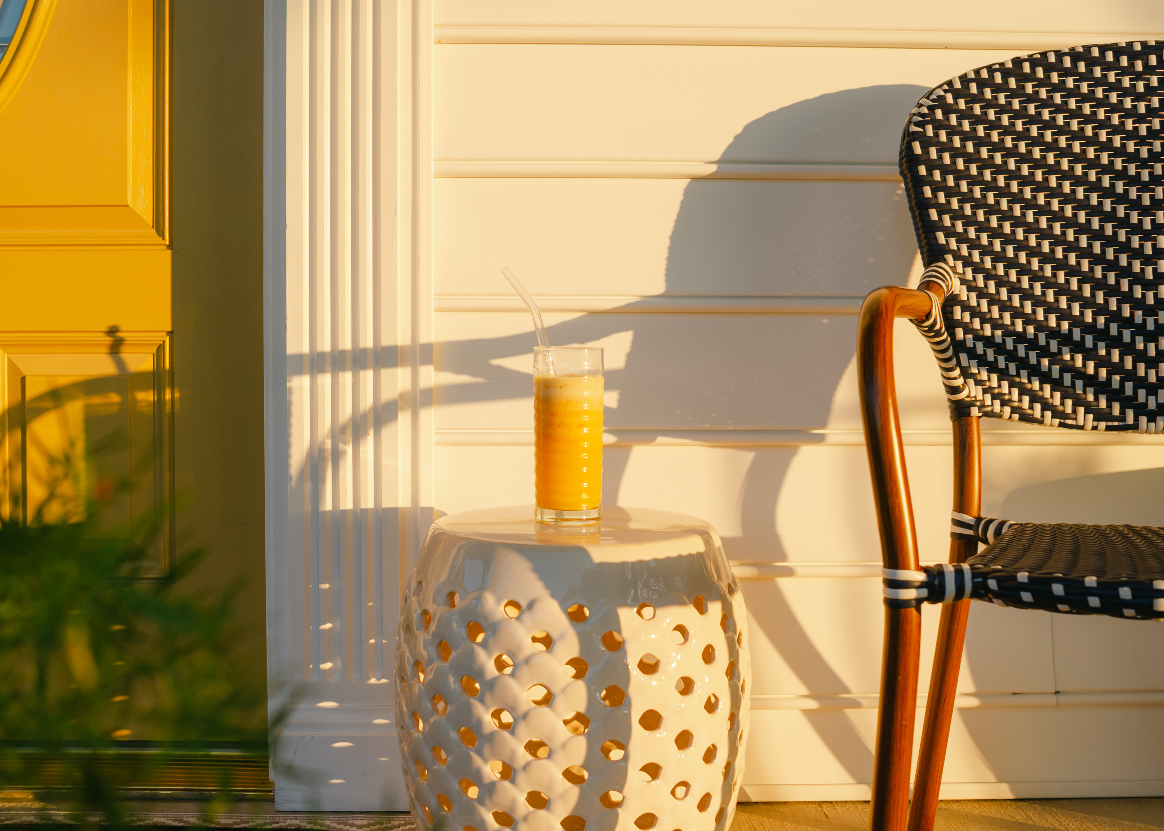 blue and white rattan chair