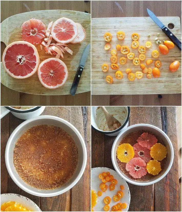 Preparación de la cubierta de frutas para la torta volteada. Collage de 4 fotos