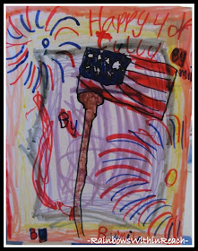 photo of: Child's Flag Drawing for Fourth of July with Fireworks
