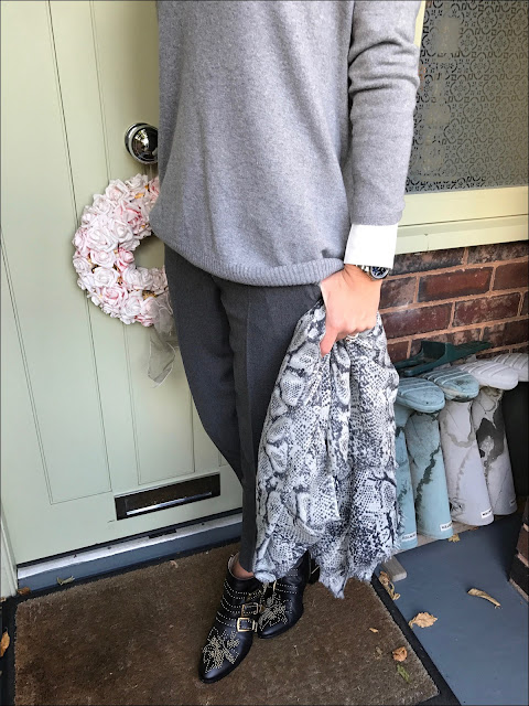 My Midlife Fashion, Hope Fashion Deep V Slouchy jumper, hush cashmere snake shawl, chloe susanna boots, the white company ultimate oxford flannel trousers, baukjen coco shirt, j crew cluster pearls