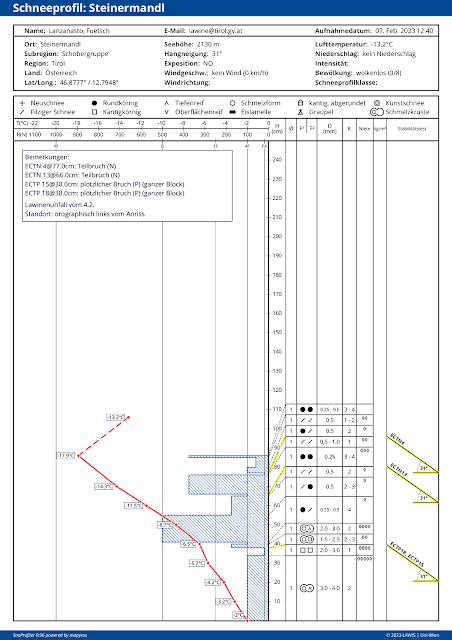 Das Profil wurde im Nahbereich des Lawinenanrisses aufgenommen. Die Störanfälligkeit variierte in Abhängigkeit der Schneemächtigkeit. An schneereichen Stellen war die Schneedecke in der Regel weniger störanfällig als an schneearmen Stellen. (Profil vom 07.02.2023)