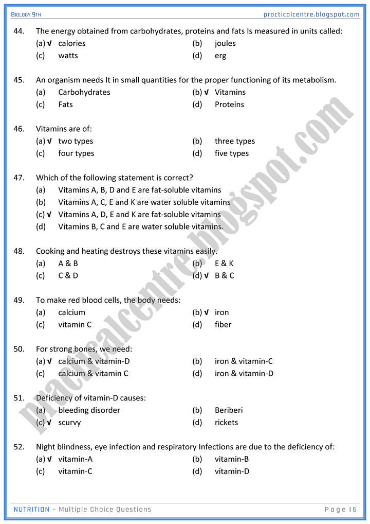 nutrition-mcqs-biology-9th-notes