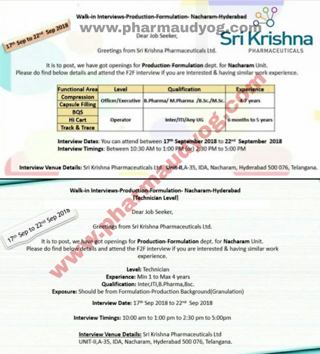 Sri Krishna Pharmaceuticals | 17th to 22nd September 2018 | Hyderabad