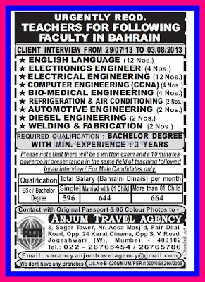 Urgently Required For Bahrain - Large Vacancies