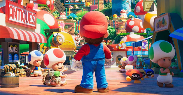 Arte de Super Mario Bros.: O Filme que mostra Mario de costas, acompanhado por um Toad, vendo uma cidade cartunesca cheia de lojas, outros Toads e estabelecimentos.