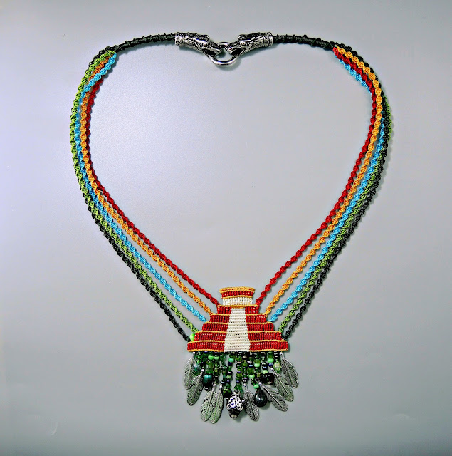 Maya necklace done in micro macrame with beaded fringe.
