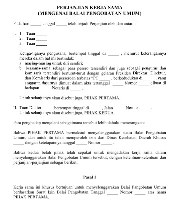 Contoh Surat Perjanjian Kerja Sama Balai Pengobatan Format 