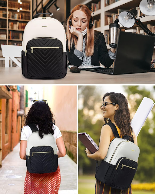 LOVEVOOK Laptop Backpack for Women with USB Port Waterproof Fashion Doctor Professor Nurse Backpack Beige-Black