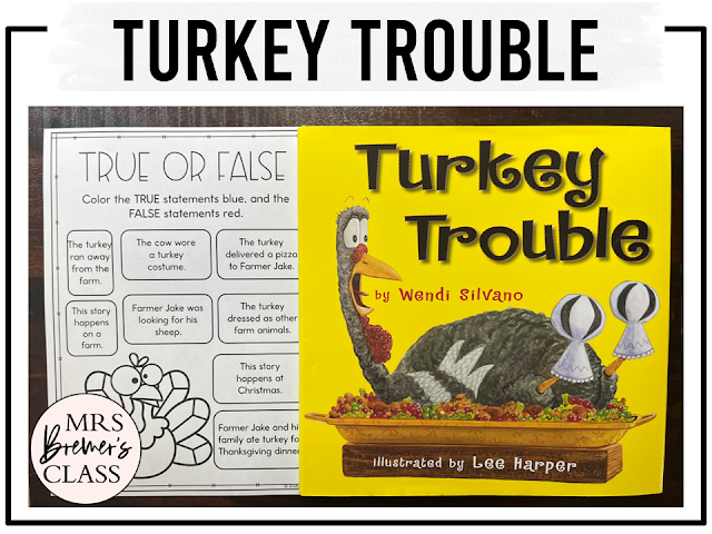Turkey Trouble book activities unit with printables, literacy companion activities, reading worksheets, and a craft for Thanksgiving in Kindergarten and First Grade