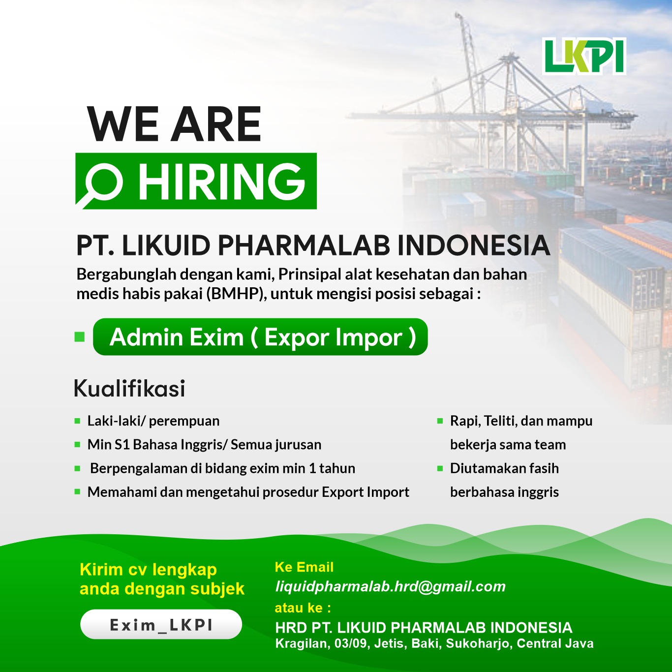 Loker LKPI Group Sukoharjo Admin Exim, Staff Pajak, Manager Keuangan, dll