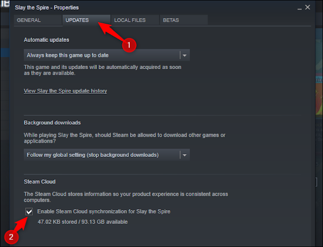 انقر فوق علامة التبويب "تحديثات" وتحقق من خيار "تمكين مزامنة Steam Cloud لـ".