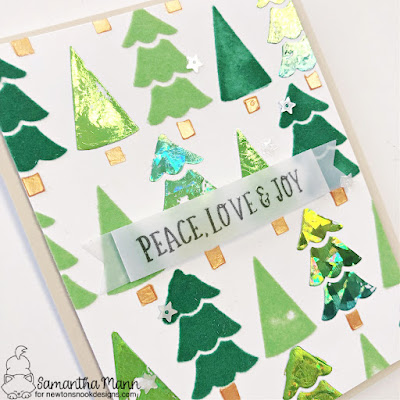 Peace, Love & Joy Card by Samantha Mann for Newton's Nook Designs, Christmas Card, Deco Foil, Flock, Stencil, Christmas Tree, Card Making, #newtonsnook #newtonsnookdesigns #christmascard #christmas #christmastree #foil #decofoil