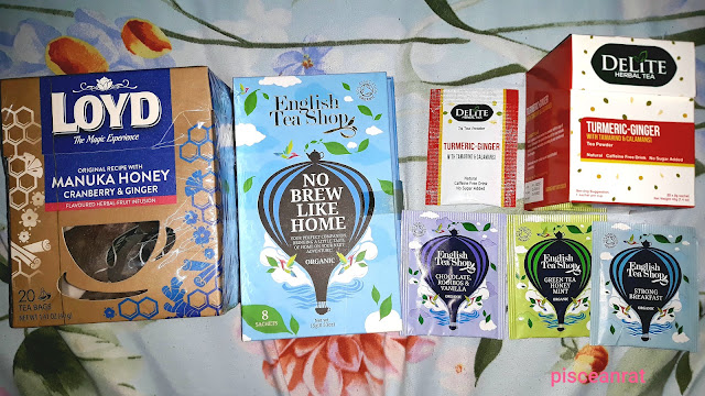 Loyd The Magic Experience Manuka Honey Cranberry & Ginger, English Tea Shop No Brew Like Home booklet (Chocolate Rooibos & Vanilla, Green Tea Honey Mint, Strong Breakfast), Delite Herbal Tea Turmeric-Ginger.