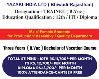 Yazaki Company Job Vacancies in Bhiwadi, Rajasthan: 12th Pass, ITI, and Diploma Holders for Production, Assembly, and Quality Departments