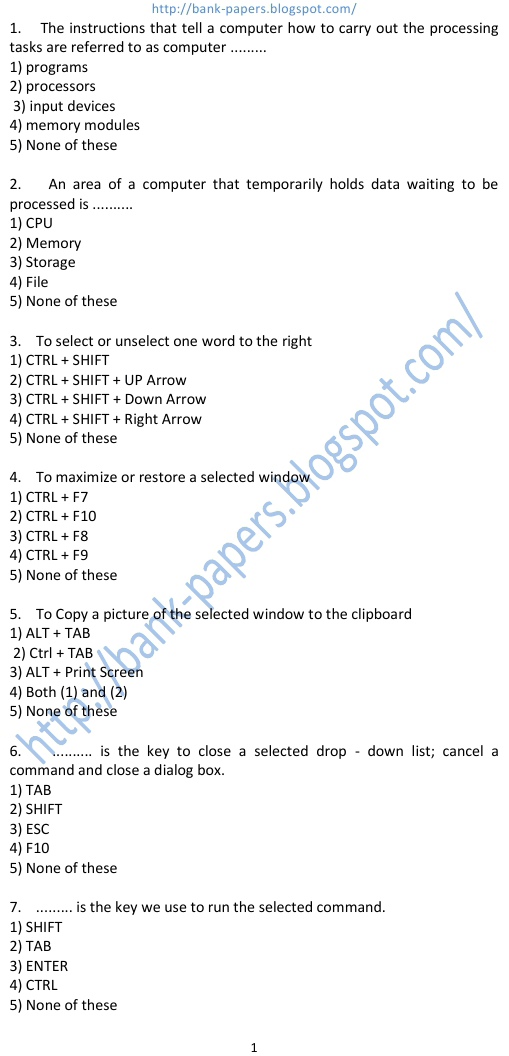 Bank Computer Awareness Question Papers