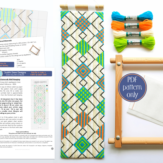 Judith Drew Designs neon diamonds long stitch needlepoint wall hanging pattern and instructions.
