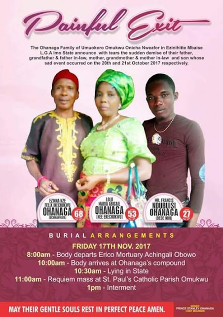 Unbelievable: Obituary Photo of a Man, His Wife and  Son Who Died After Consuming Ugba in Imo State