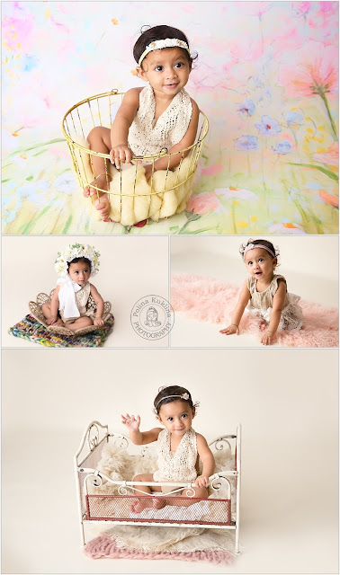 Baby-girl at her 9-months photo shoot in custom made outfits and a flower bonnet.