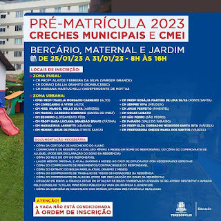 ANO LETIVO 2023 – Pré-matrícula para creches municipais e CMEI