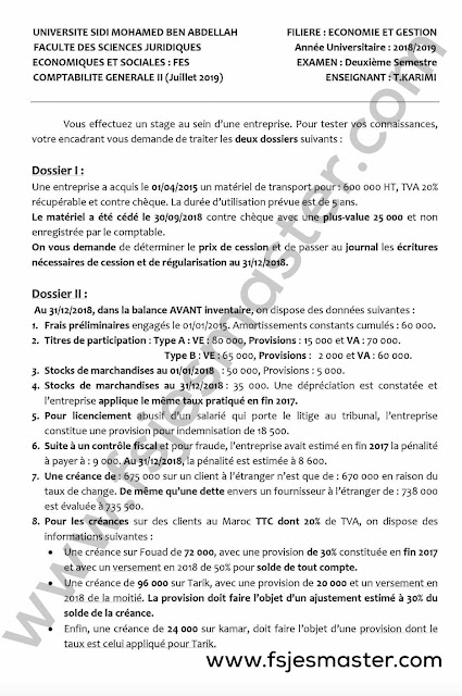Exemple Examen Licence Epreuve de Comptabilité Générale II 2019 Avec Corrigé - Fsjes Fès