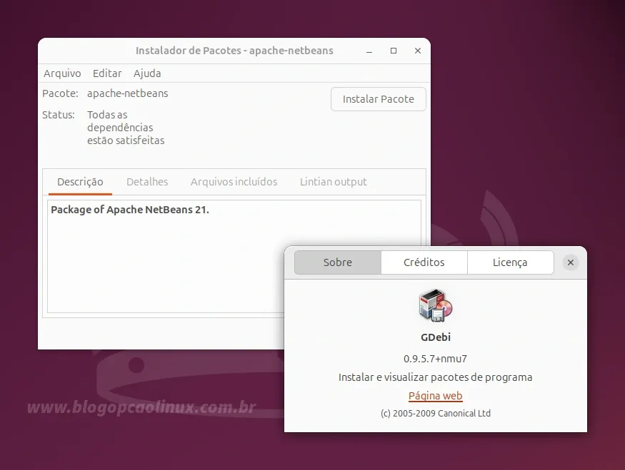 GDebi executando no Ubuntu 24.04 LTS (Noble Numbat)