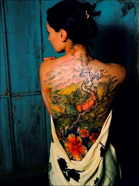 Designs Of Awesome Flowers On Women Back, Women Back With Forest Flowers Tattoos, Incredible Women Full Back With Forest Flower Tattoos, Christmas Tattoos, 