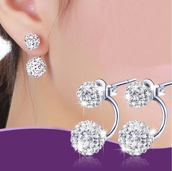 Image: Silver Jewelry Double Beaded Rhinestone Crystal Stud Earrings