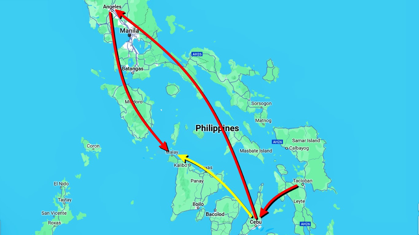 Philippine map showing my flight route: Tacloban to Cebu to Clark and to Caticlan